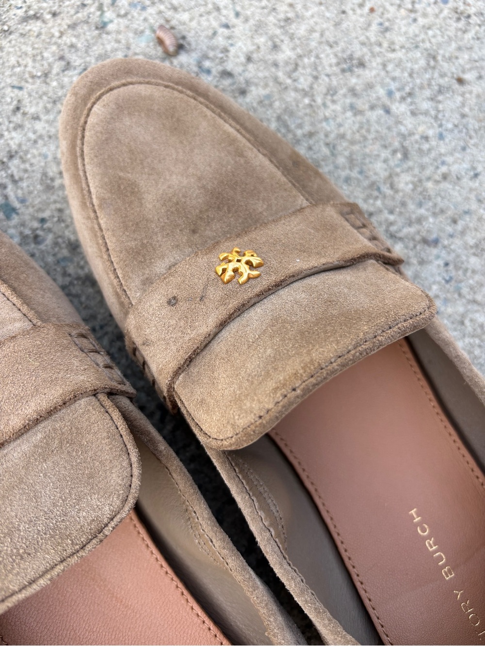 Tory Burch women’s  Taupe Suede Slip-On ballet Loafers with Gold Logo Accent - Picture 4 of 6